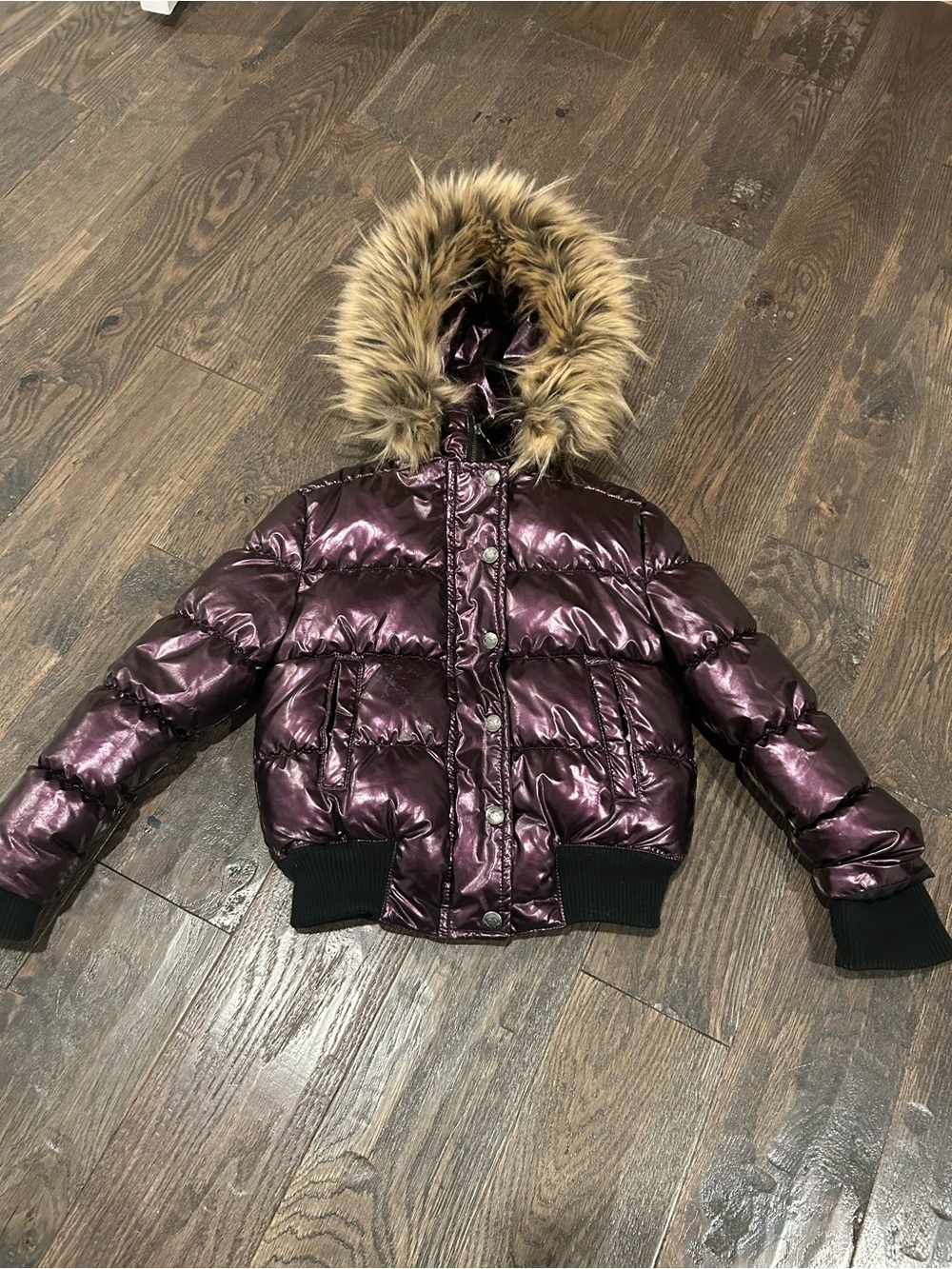 Appaman Shiny Metallic Plum Puffer Jacket with Faux Fur Hood size 4T